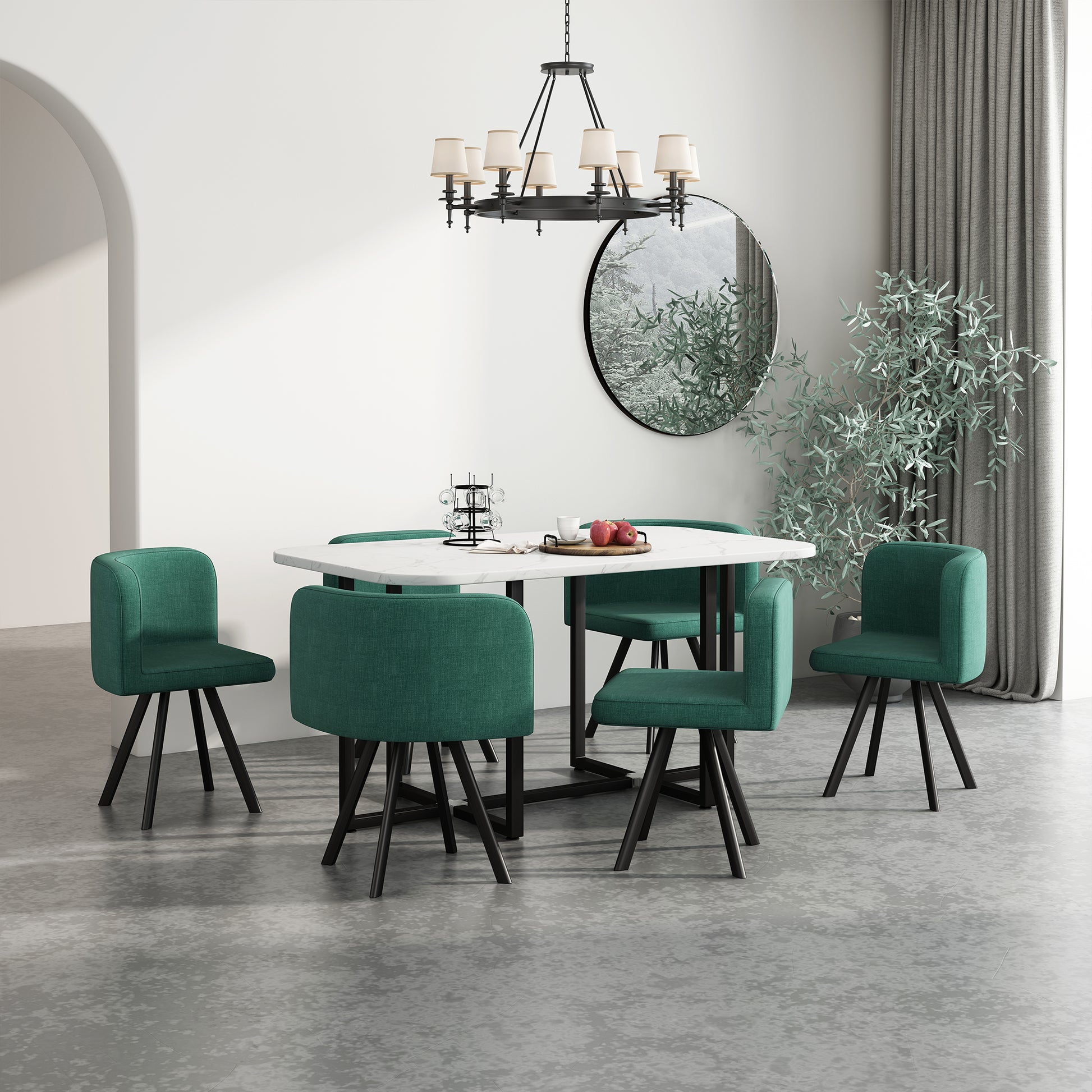 Emerald green upholstered dining chair with black legs
