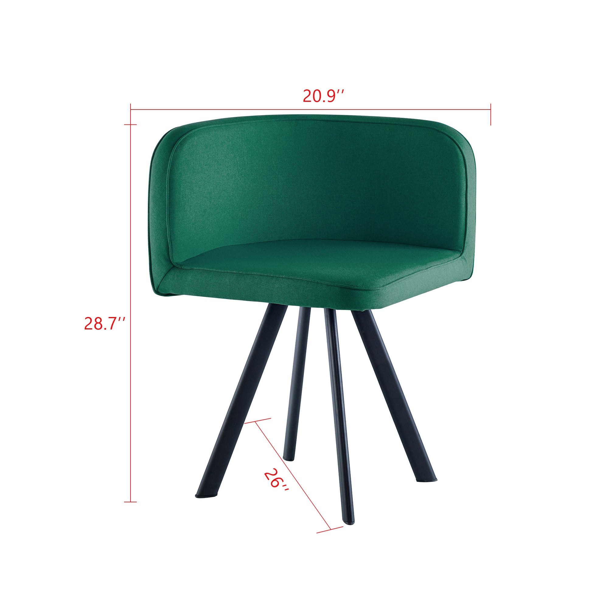 Green upholstered accent chair with black metal legs