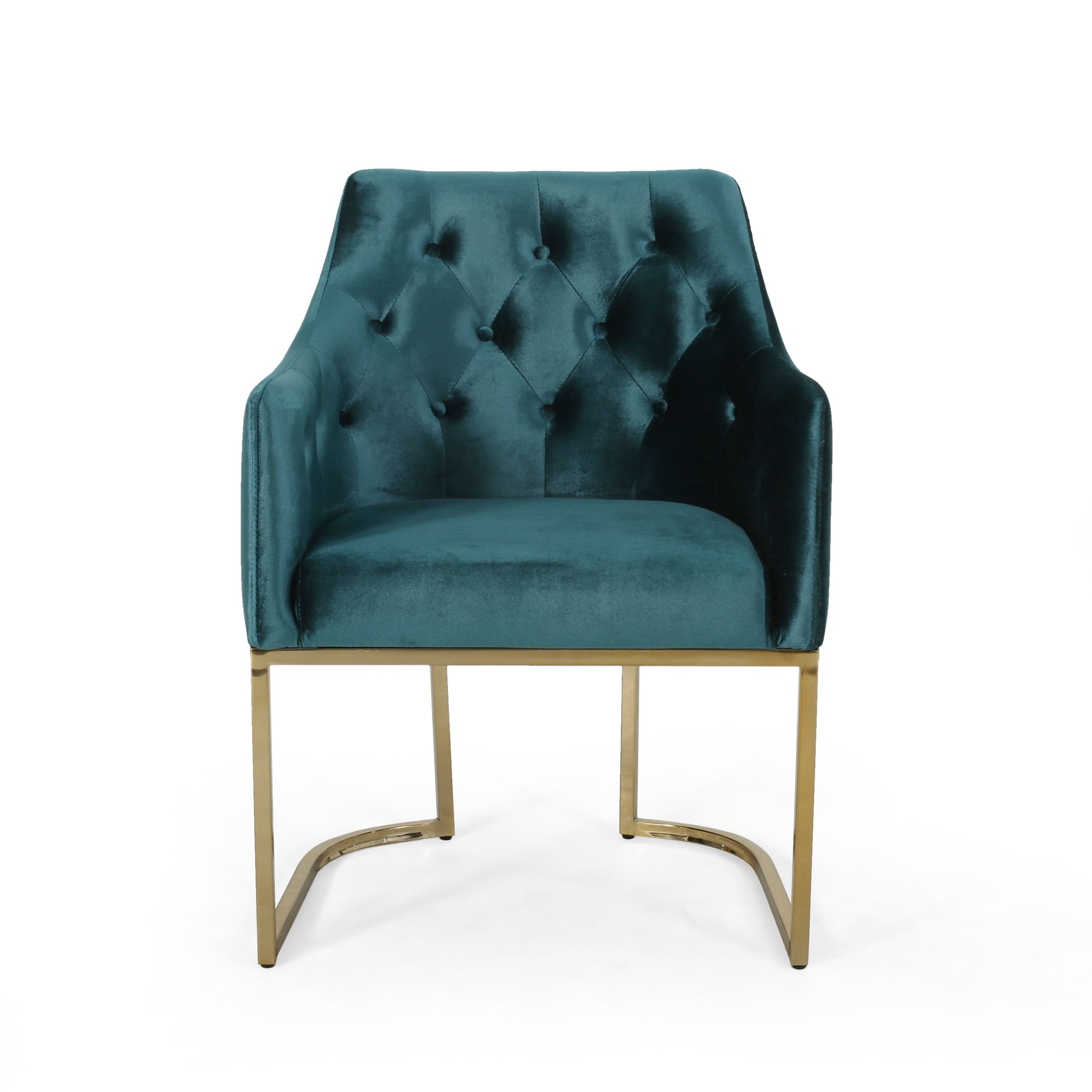 Teal velvet armchair with tufted back and gold metal legs