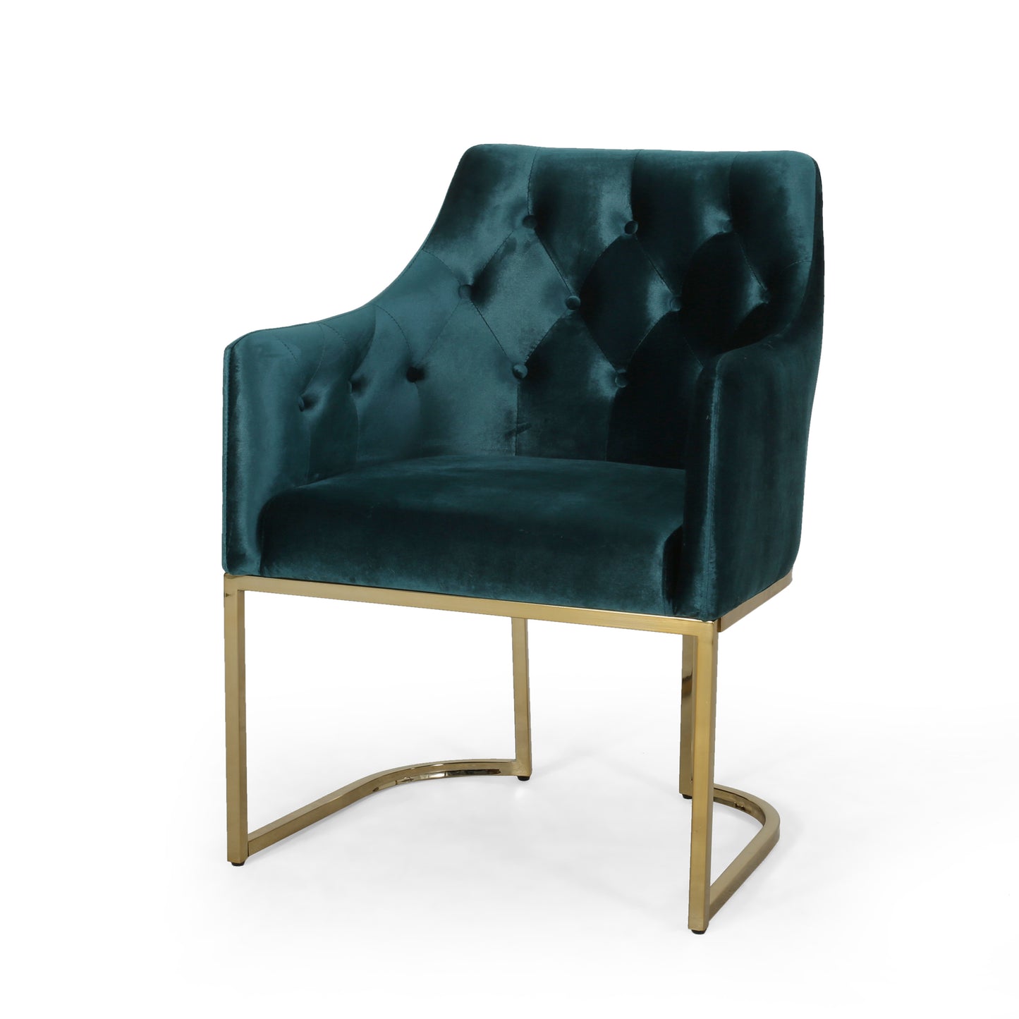 Teal velvet armchair with diamond tufting and gold metal sled legs