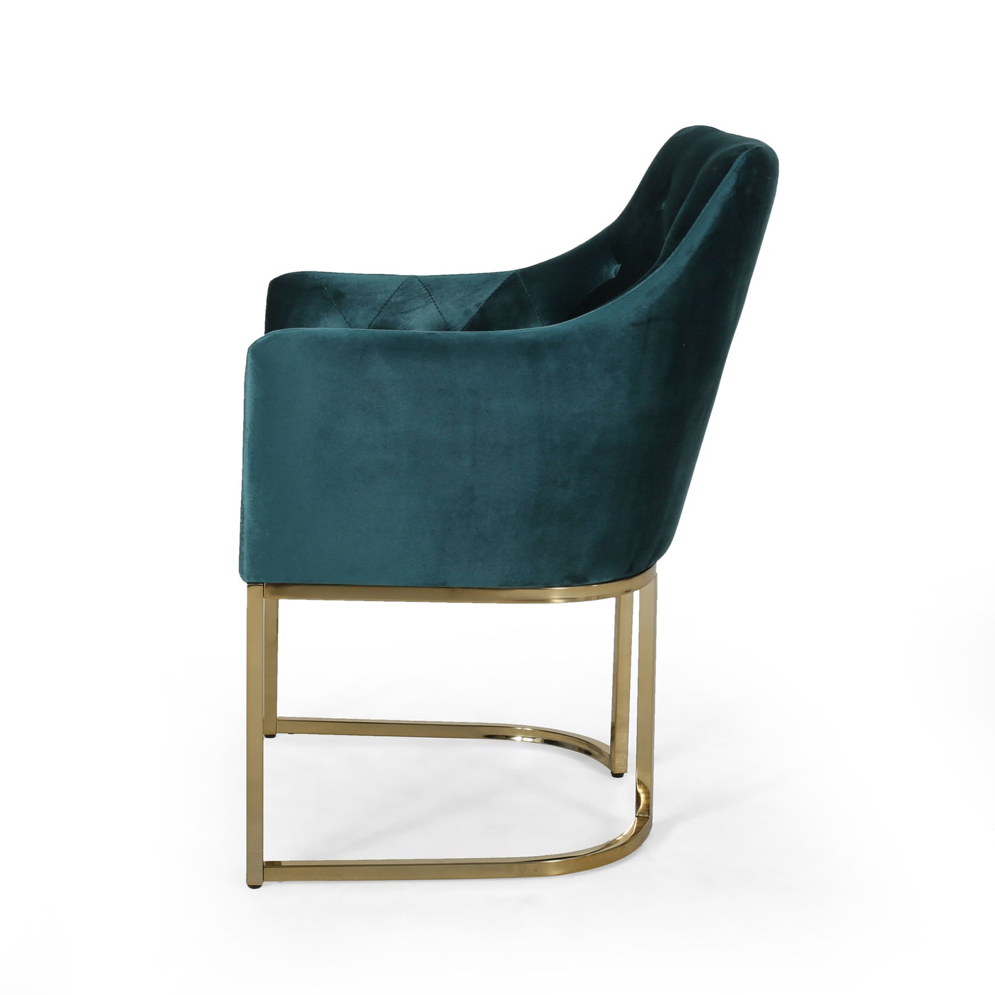 Teal velvet accent chair with diamond tufting and gold metal legs
