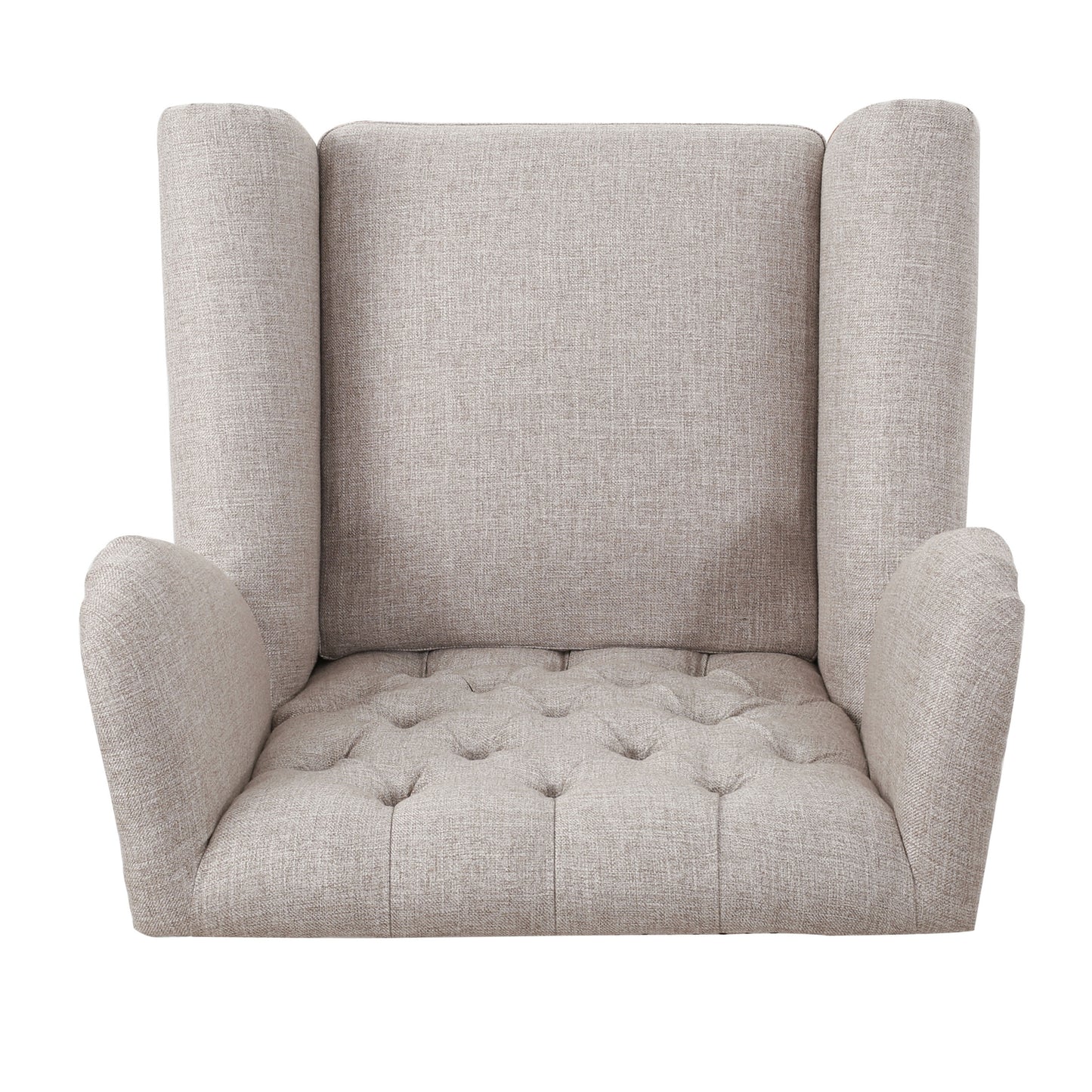 Taupe fabric armchair with tufted seat and rolled arms for elegant living rooms