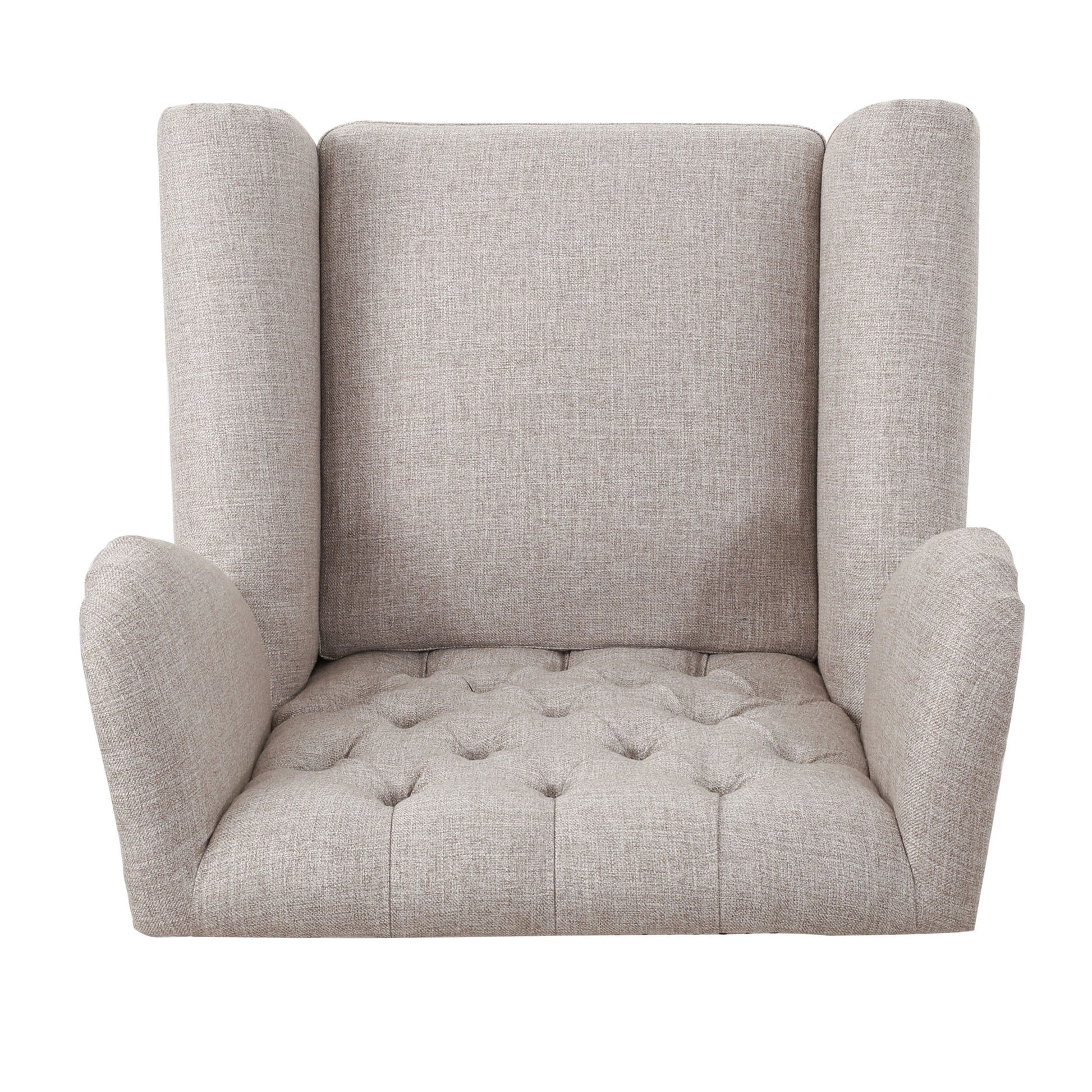 Taupe fabric armchair with tufted seat and rolled arms for elegant living rooms