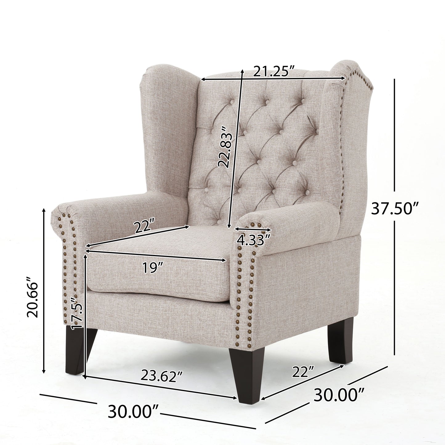 Tufted linen wingback chair in light beige with nailhead trim accents