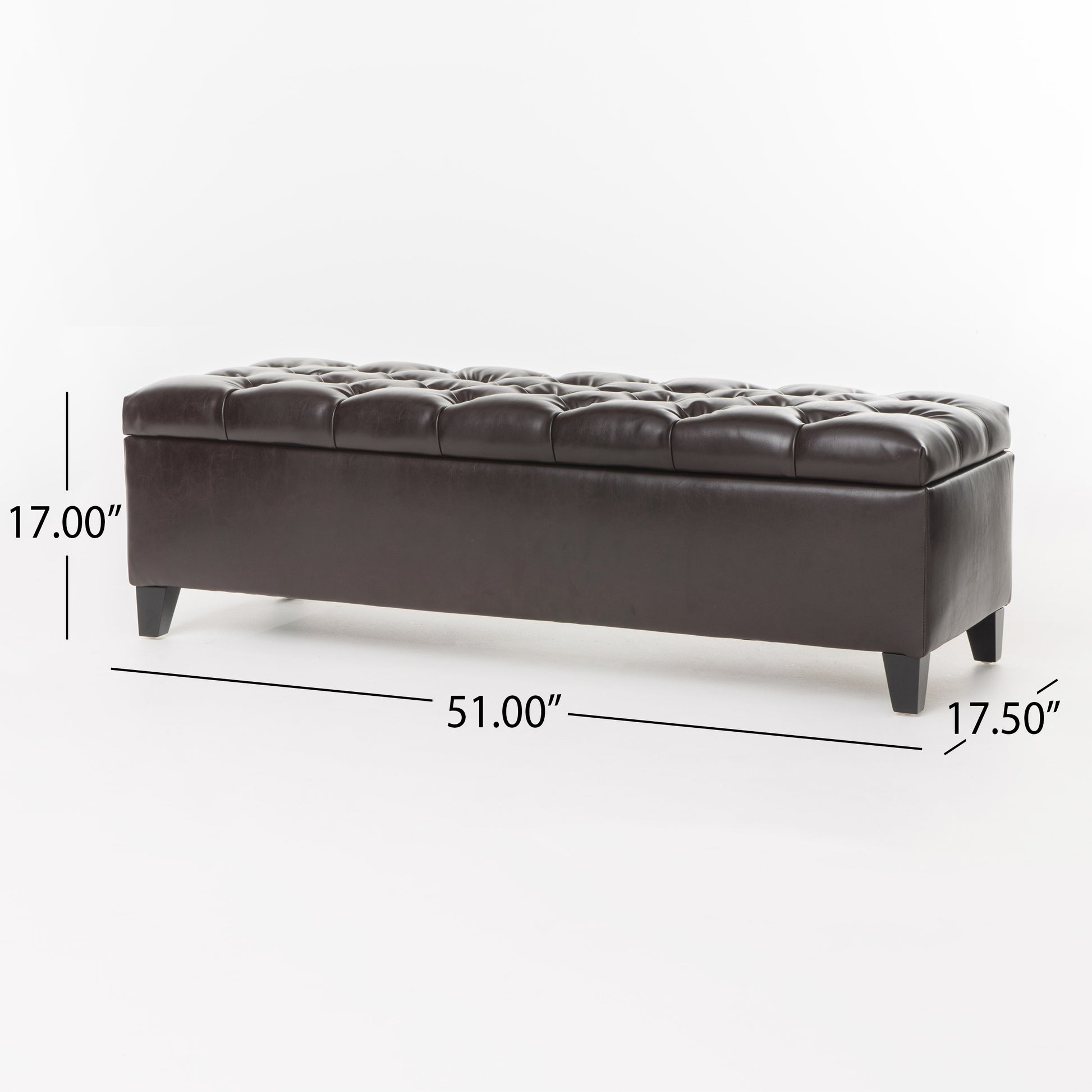 Dark brown tufted faux leather storage ottoman with wooden legs  L