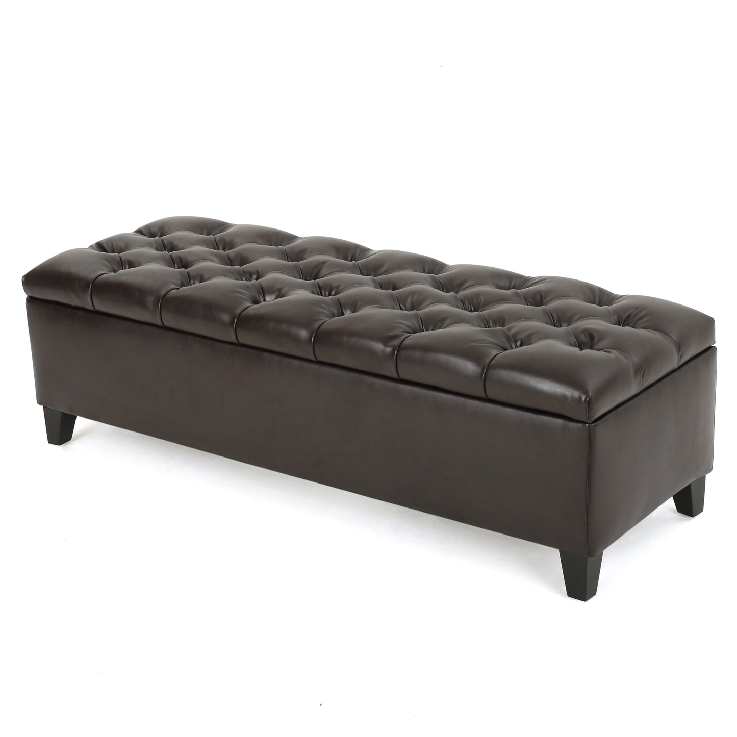 Dark brown faux leather storage ottoman with tufted top for living rooms