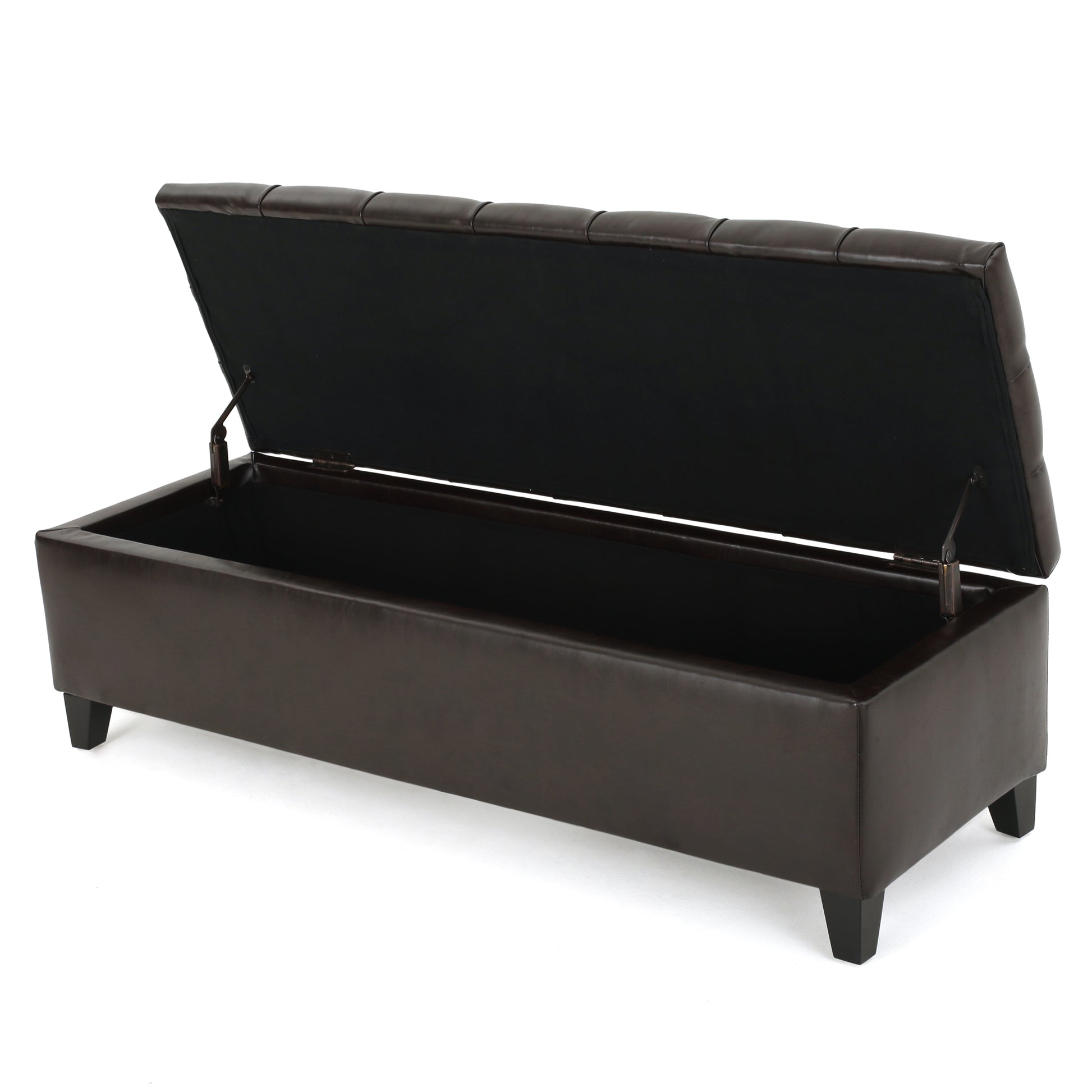 Dark brown tufted faux leather storage ottoman bench with lid open