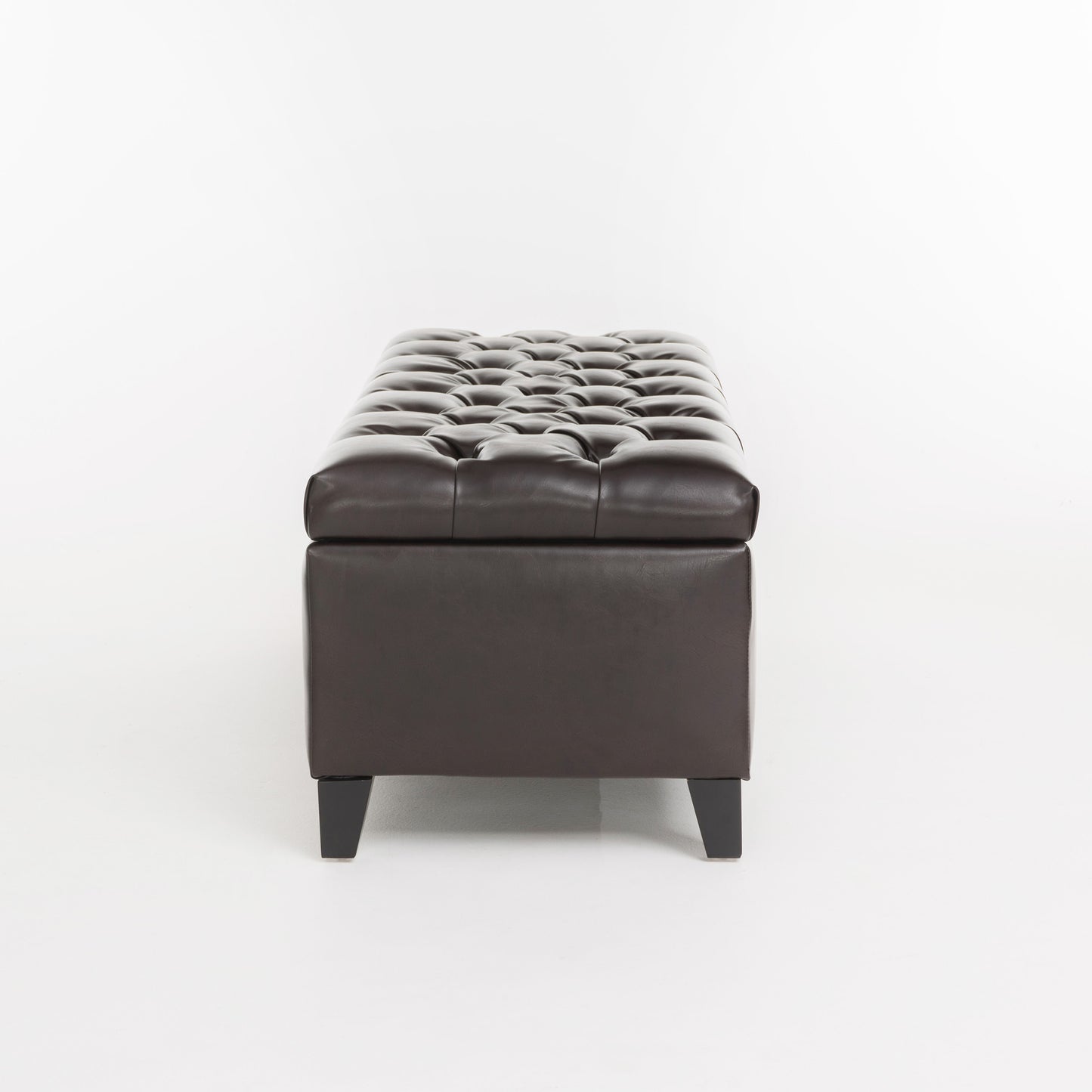 Tufted dark brown faux leather storage bench with short black legs