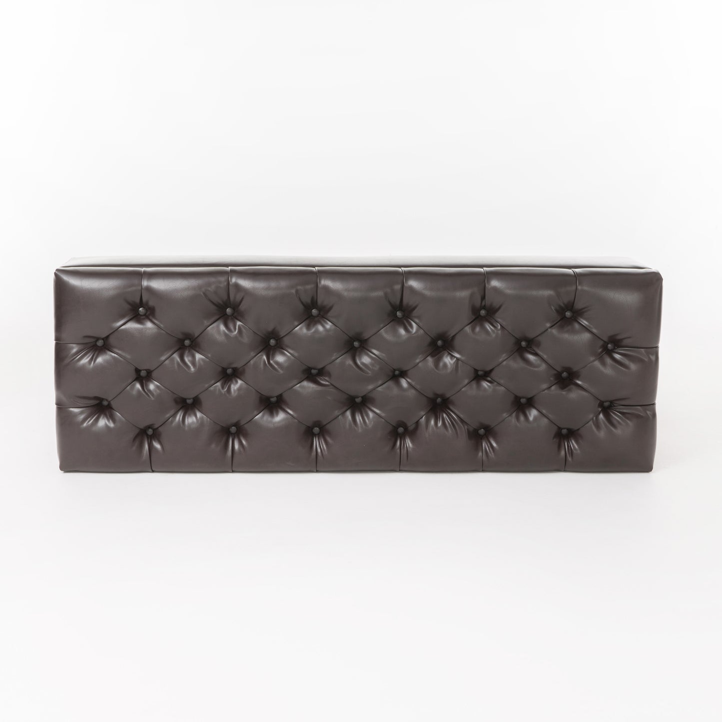 Deep brown faux leather tufted bench with button accents
