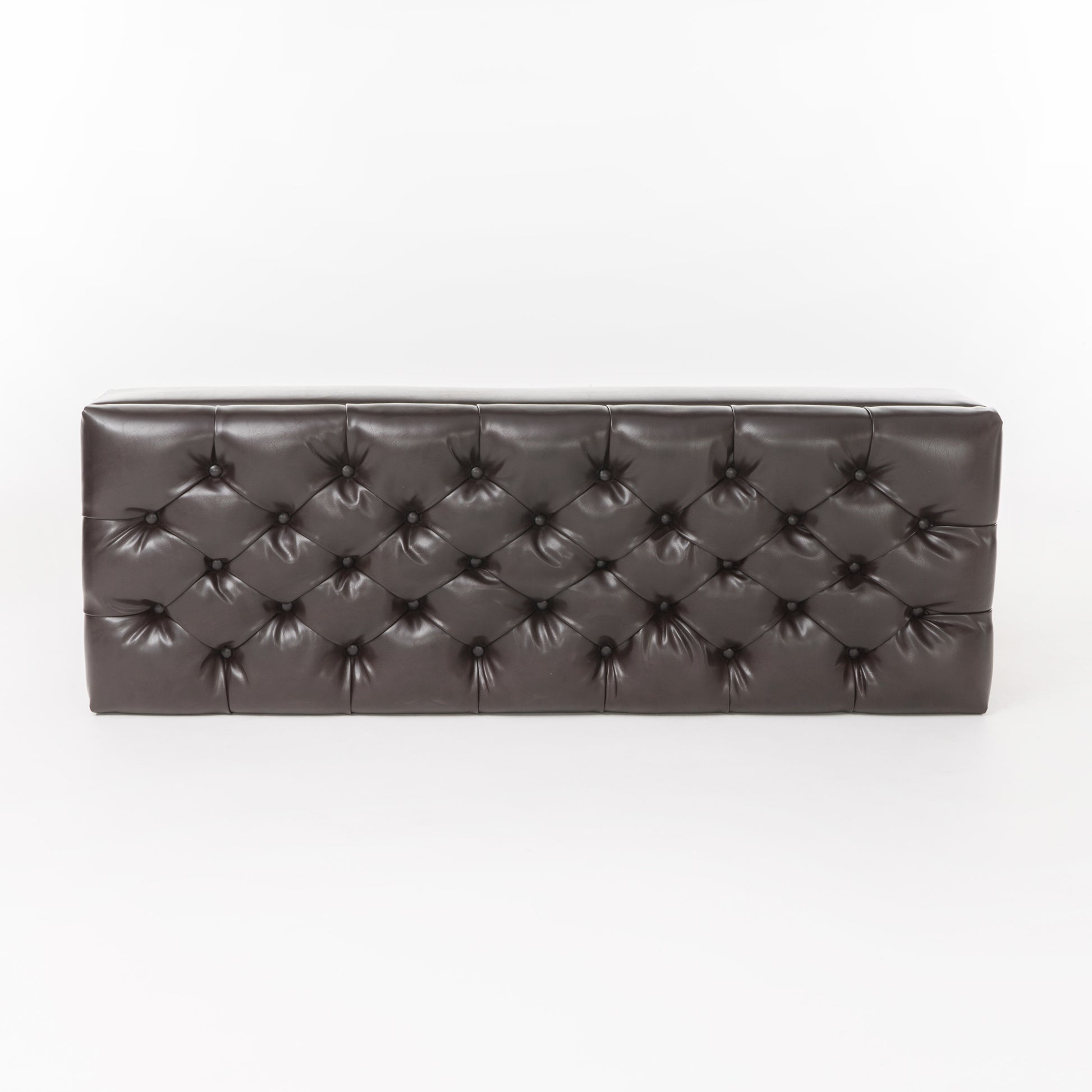 Deep brown faux leather tufted bench with button accents