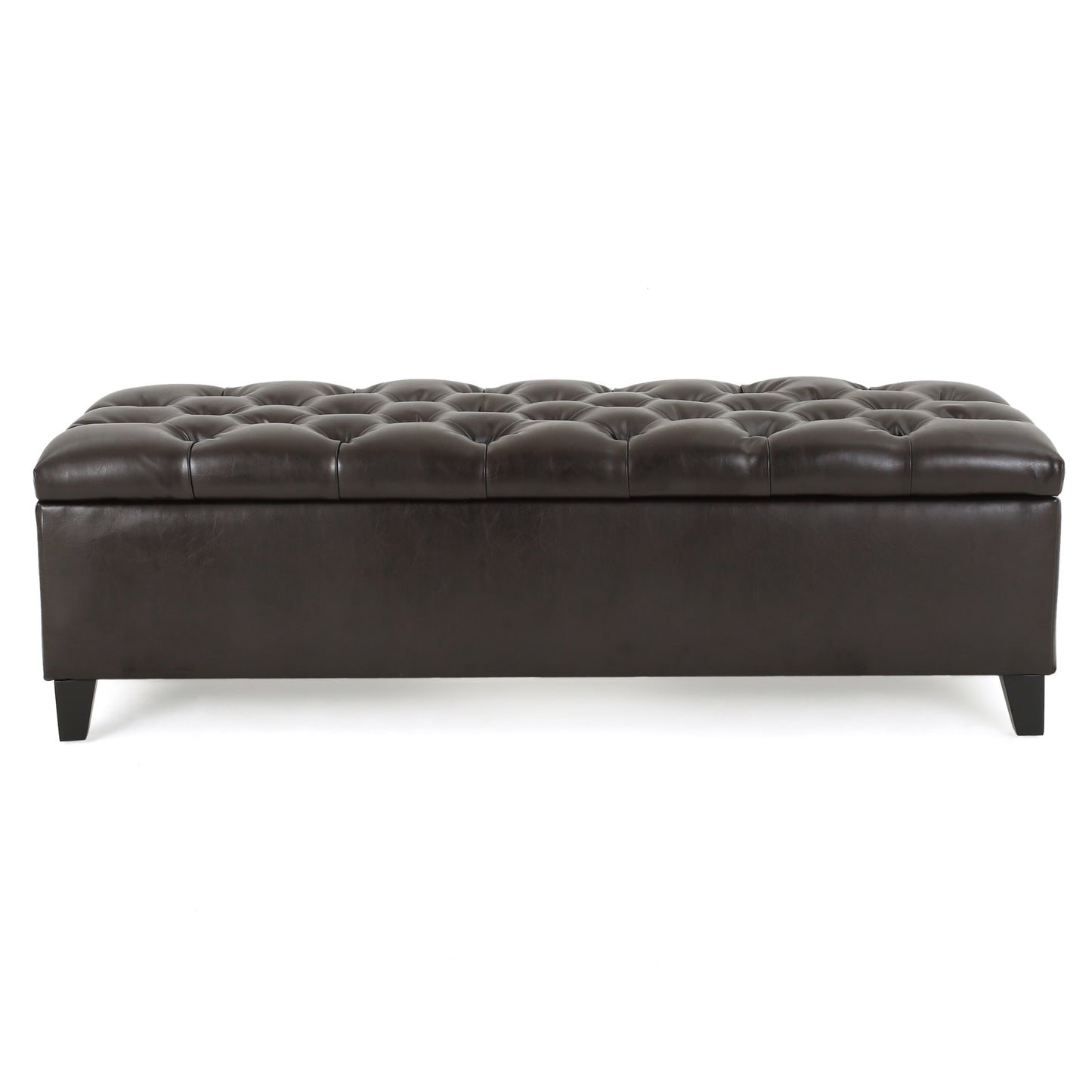 Dark brown faux leather tufted storage ottoman with classic button tufting and hidden storage space
