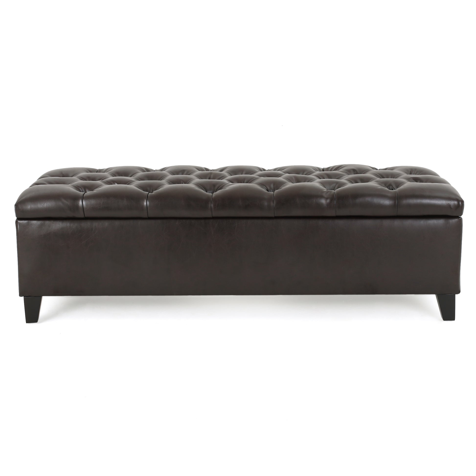 Dark brown faux leather tufted storage ottoman with classic button tufting and hidden storage space