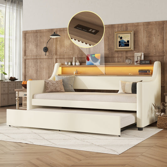 TREATLIFE HOME Twin Size Daybed with Trundle, Upholstered Design, LED Lighting and Charging Station, Modern Style, White
