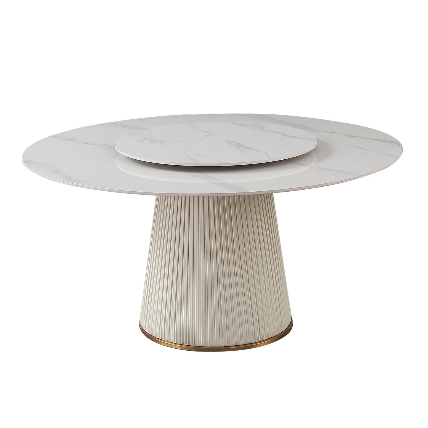 White marble dining table with textured pedestal base and brass trim