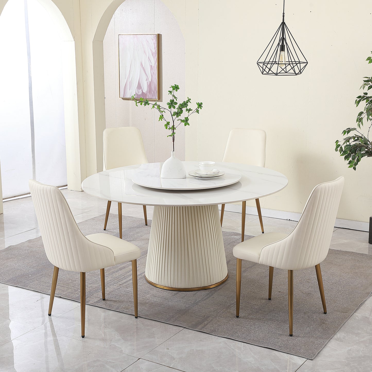 Cream upholstered dining chair with gold legs