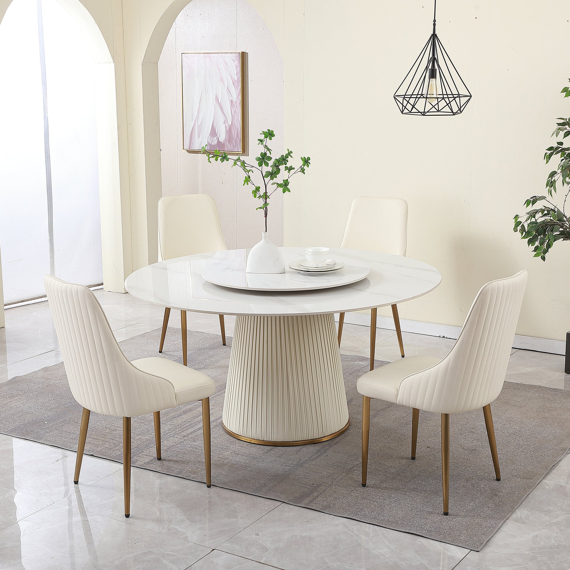 Cream upholstered dining chair with gold legs