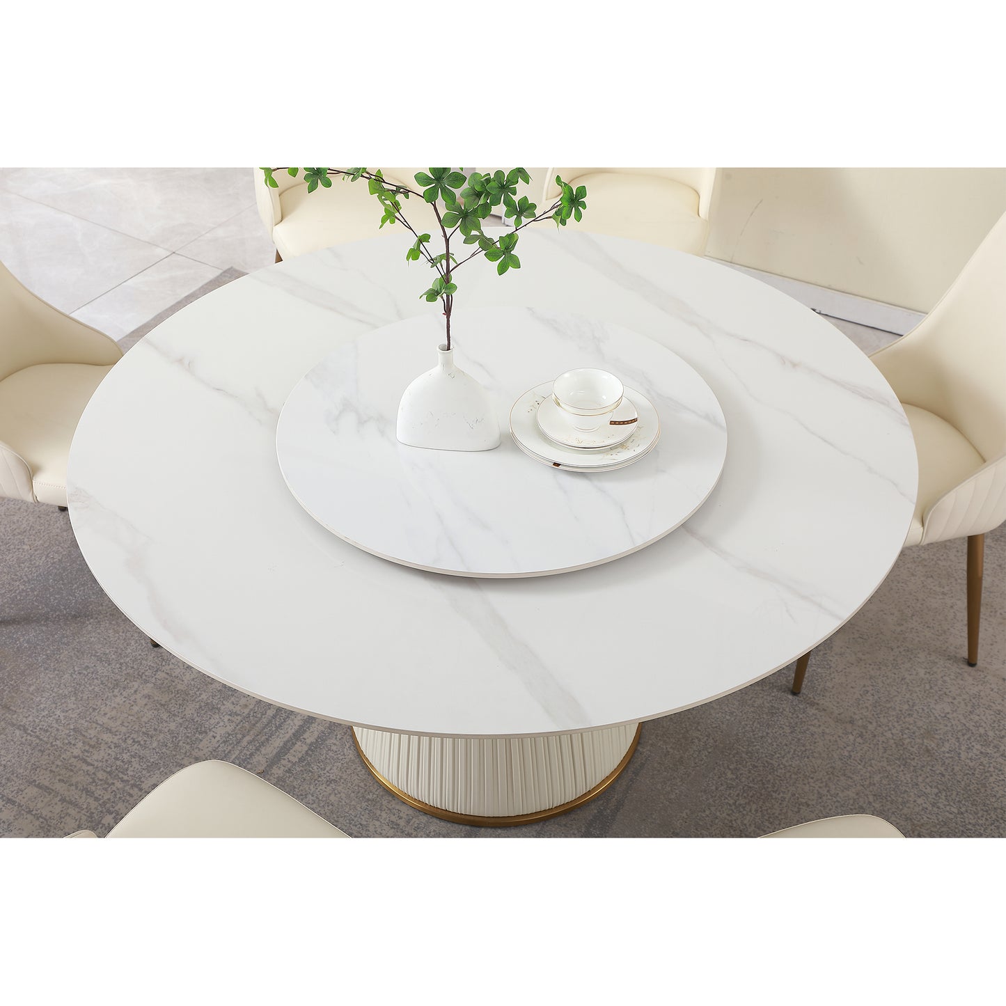 White marble rotating dining table with gold base