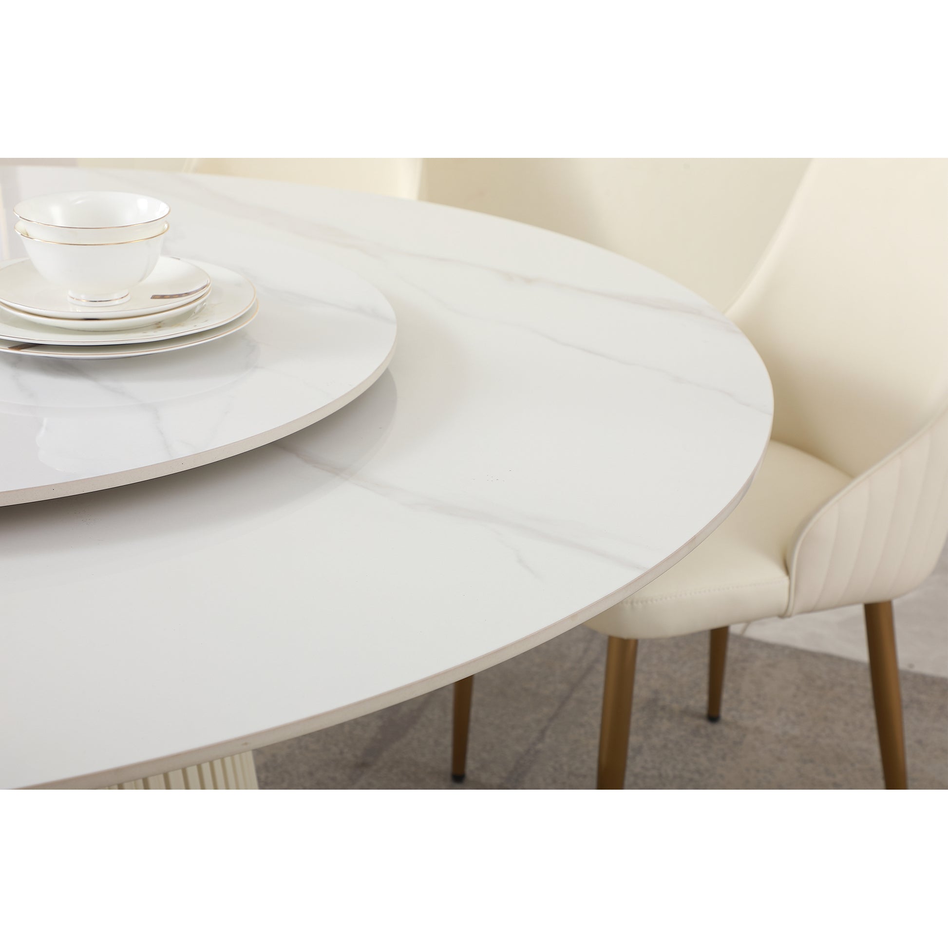 White marble dining table with gold trim