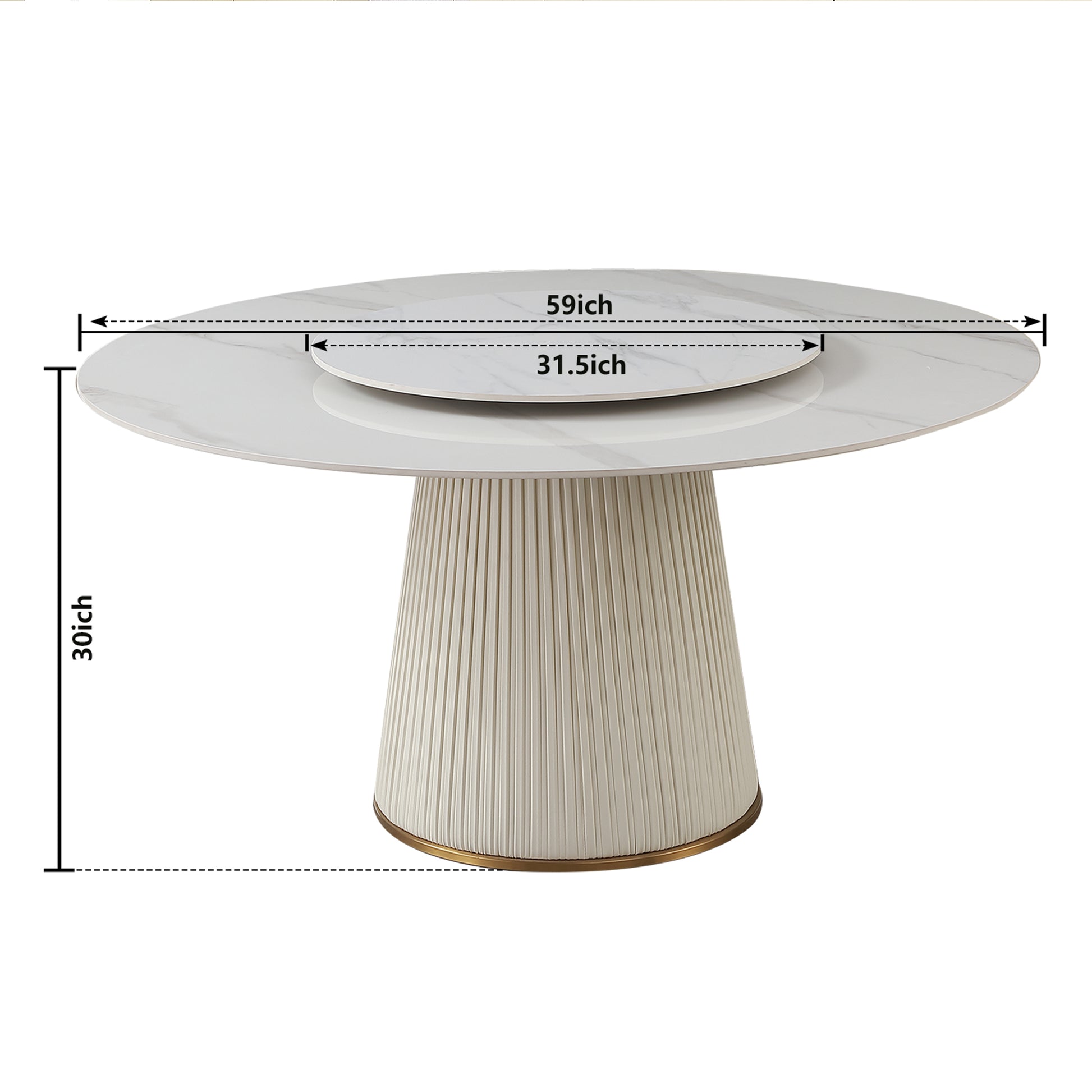 Modern inch white marble dining table with rotating tray and pleated base