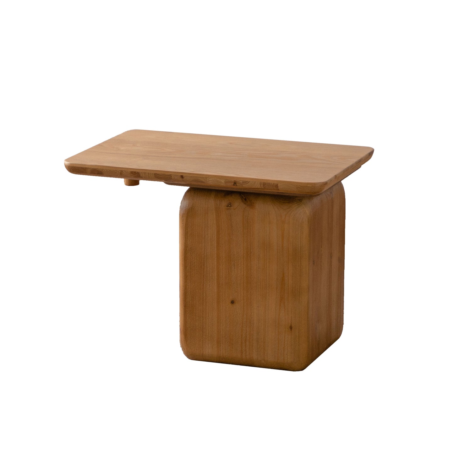 Minimalist solid oak side table with rounded edges and a substantial pedestal base