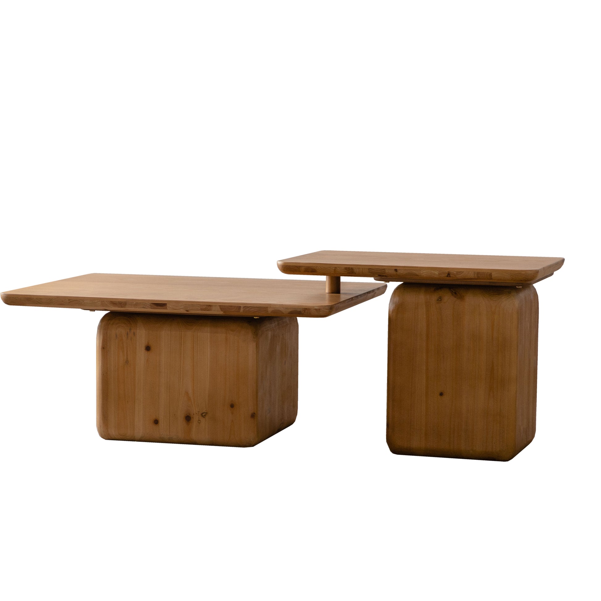 Modern natural wood coffee table with staggered design and rounded edges perfect for living rooms