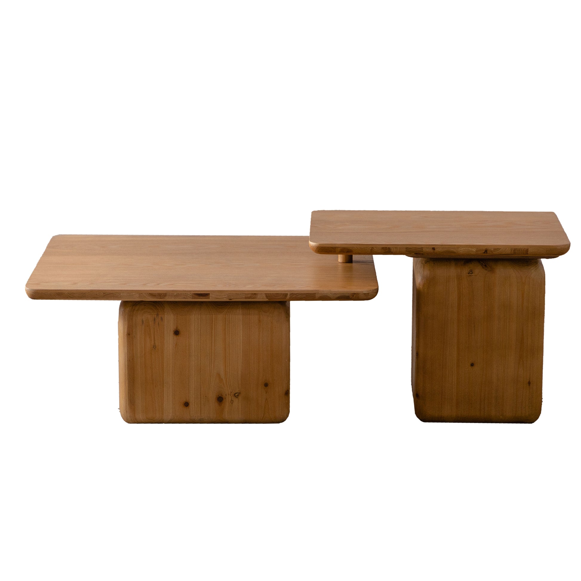 Modern natural wood coffee table with tiered tabletop and block base