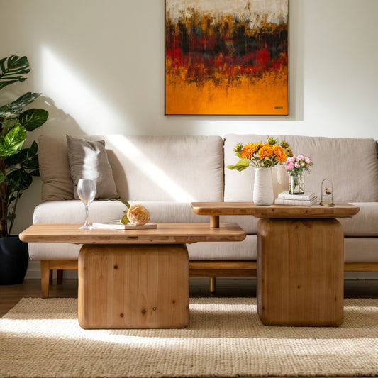 Modern solid pine wood coffee table with rounded edges perfect for living rooms