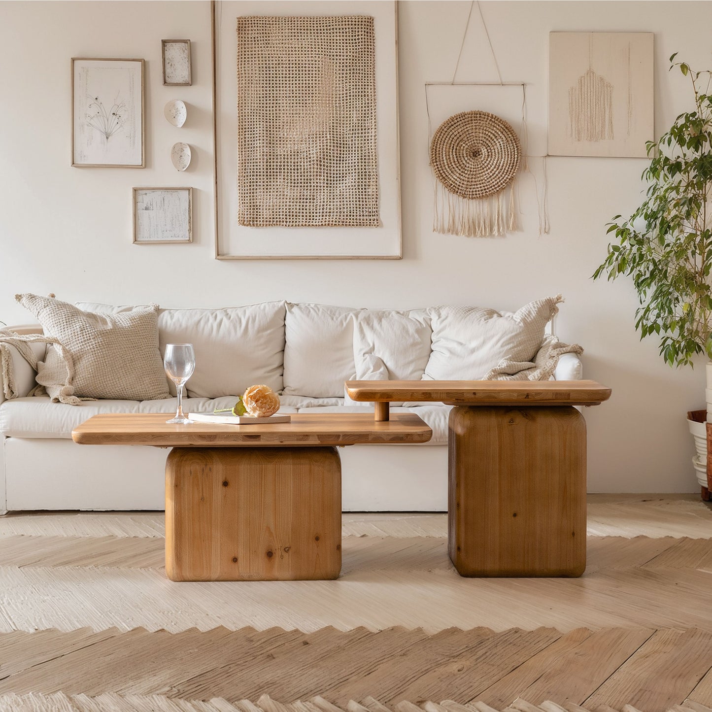 Modern wooden coffee table set with two tiered surfaces for living room display