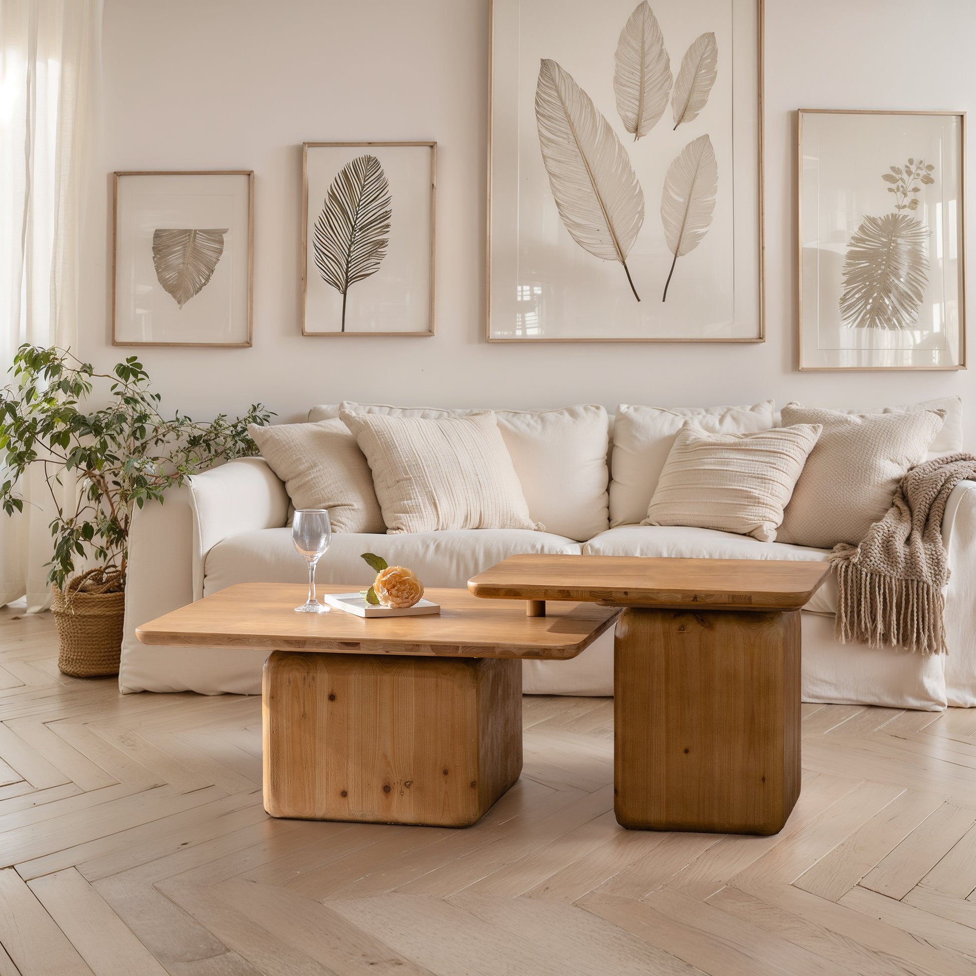 Natural wood coffee table with rounded edges and twotiered design