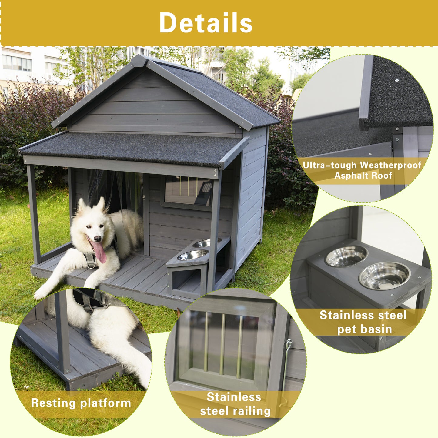Gray wooden dog house with ultratough asphalt roof and resting platform