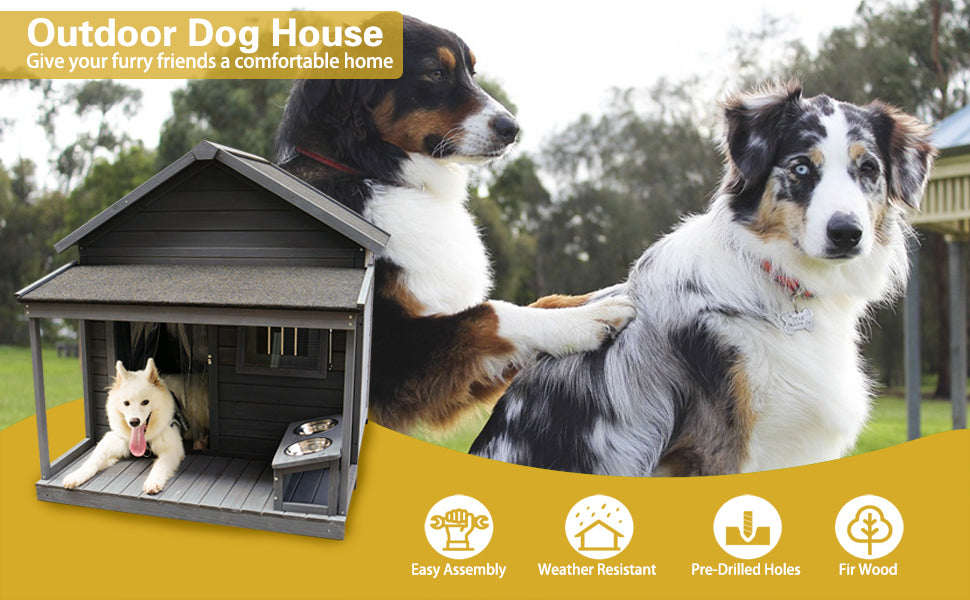Dark grey wooden outdoor dog house with porch and two bowls