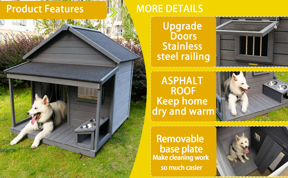 Gray wooden dog house with an asphalt roof perfect for outdoor pets