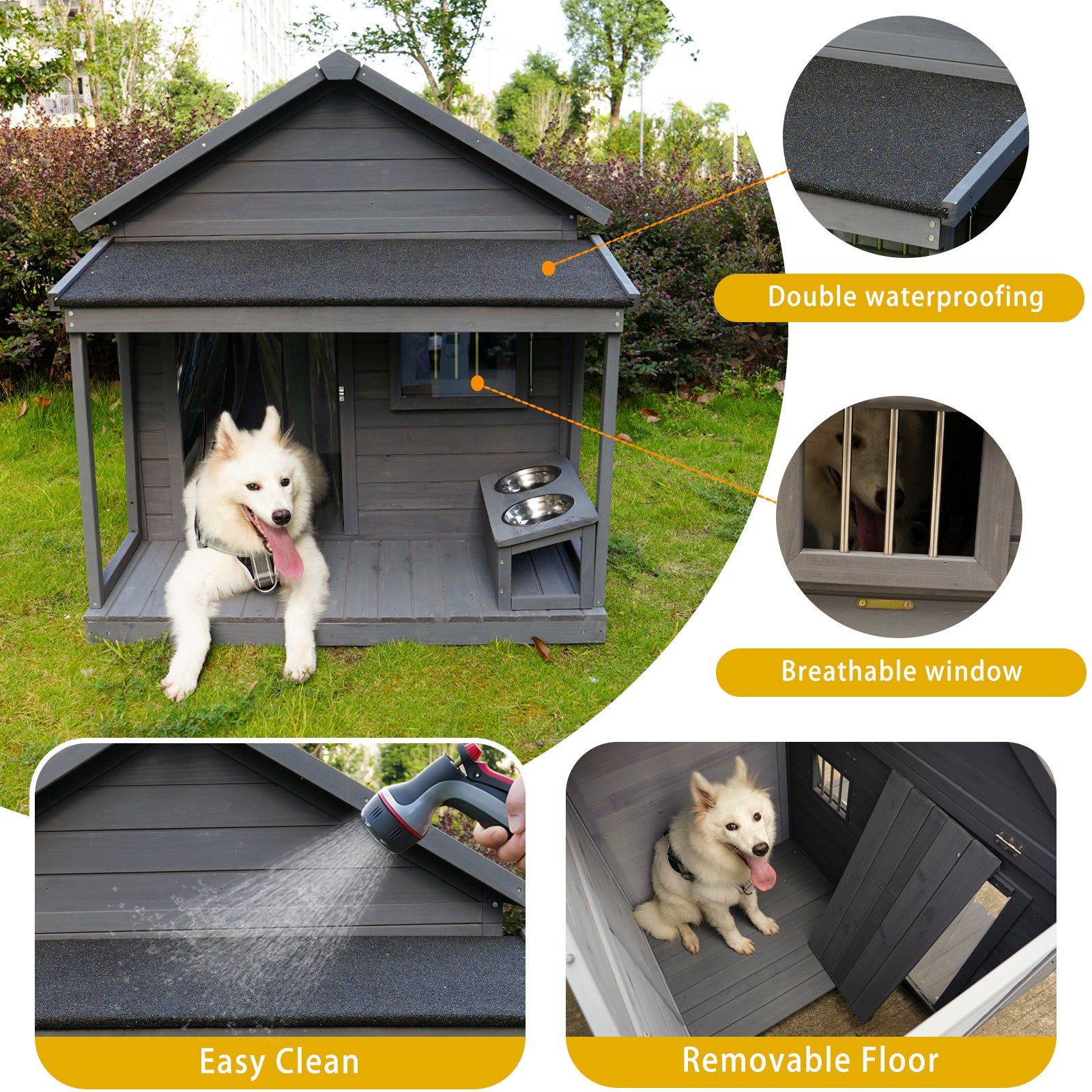 Dark gray wooden dog house with white fluffy dog enjoying porch