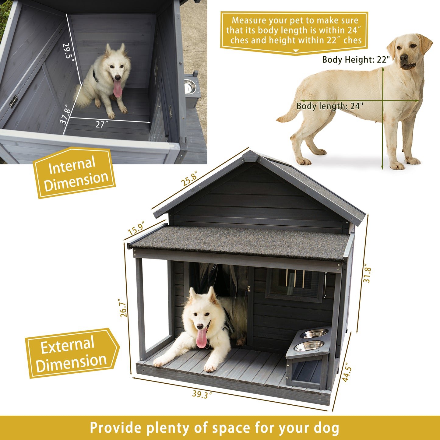 Spacious gray wooden dog house with porch featuring builtin elevated feeders