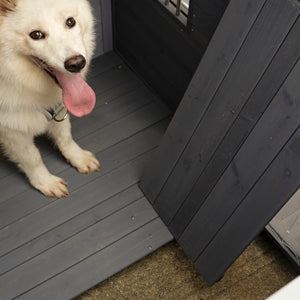 White dog on dark gray wooden dog house floor