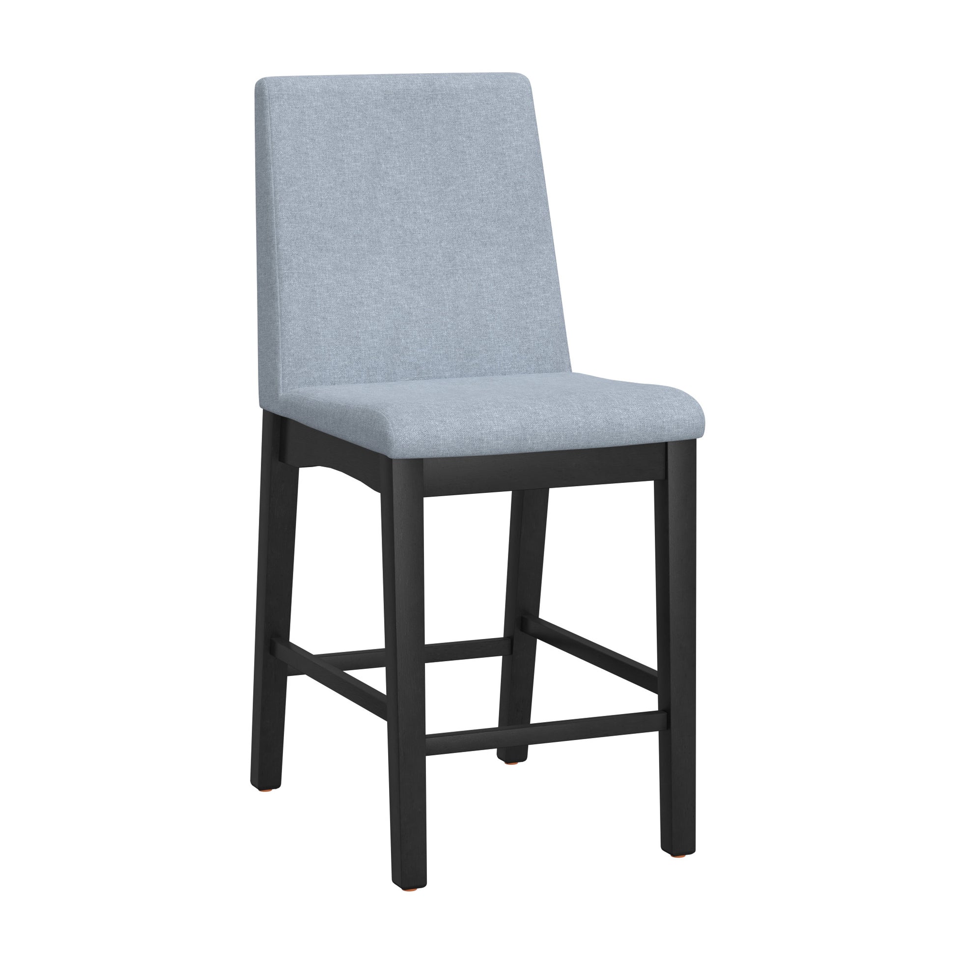 Light blue upholstered bar stool with a dark wood frame and footrest