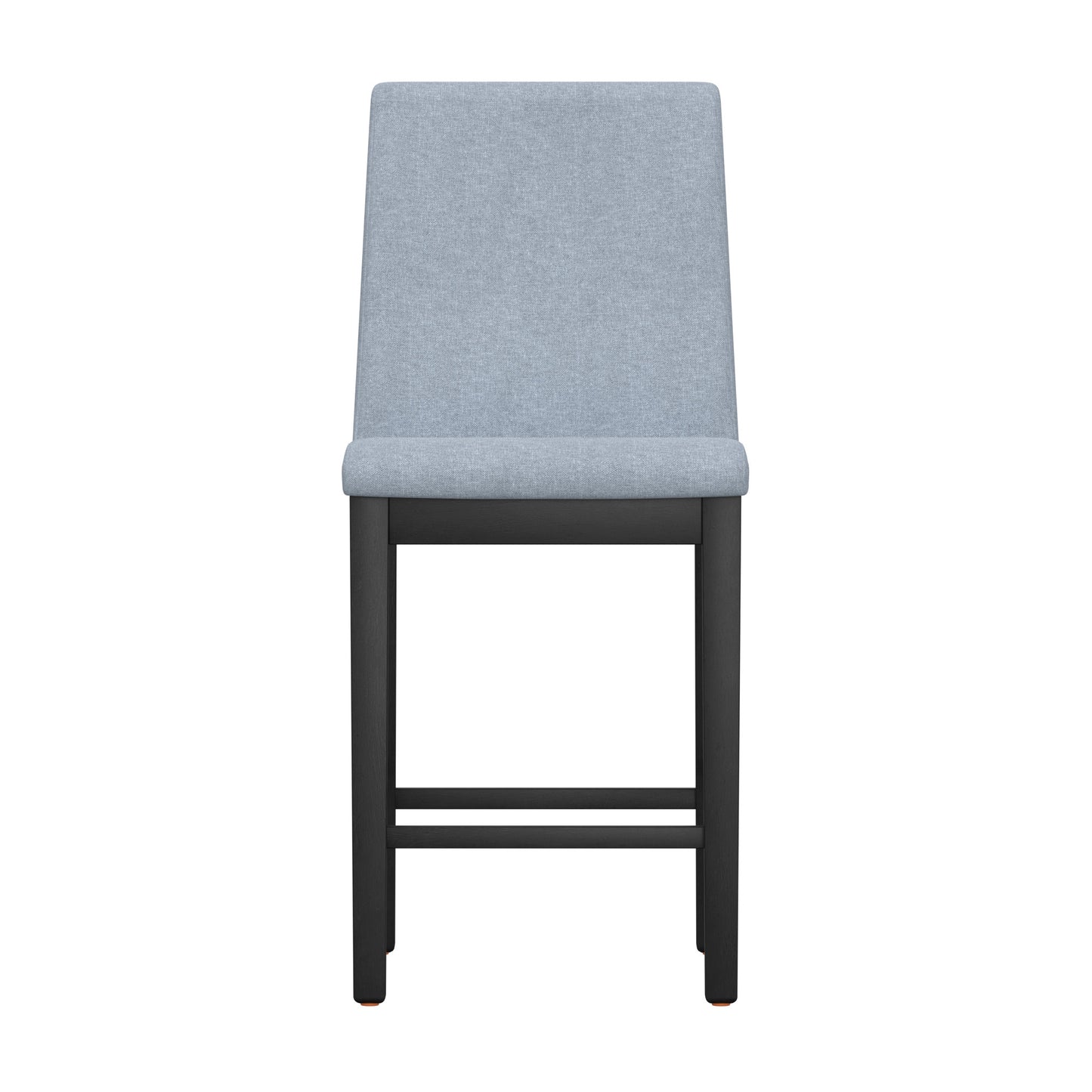 Light blue upholstered counter stool with dark wood legs