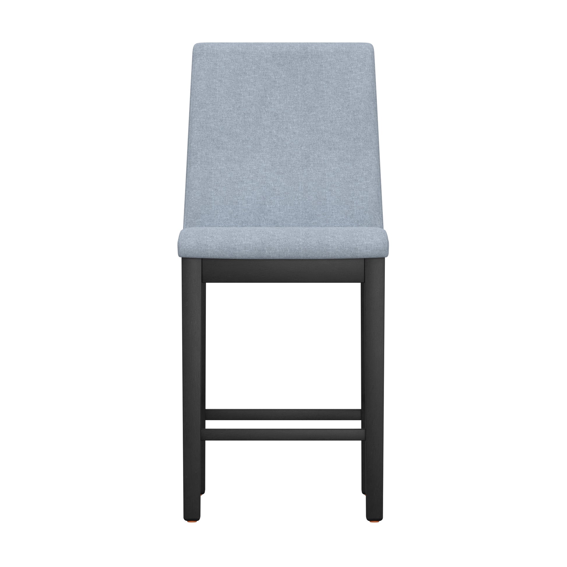 Light blue upholstered counter stool with dark wood legs