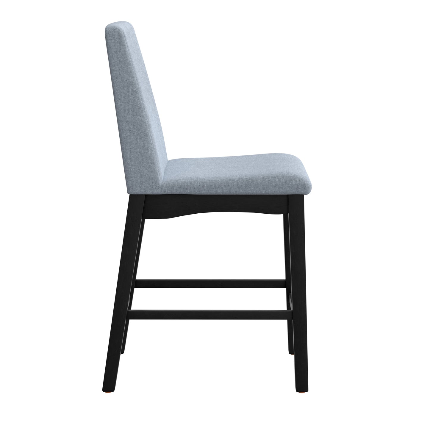 Light blue upholstered counter height stool with a dark wood frame