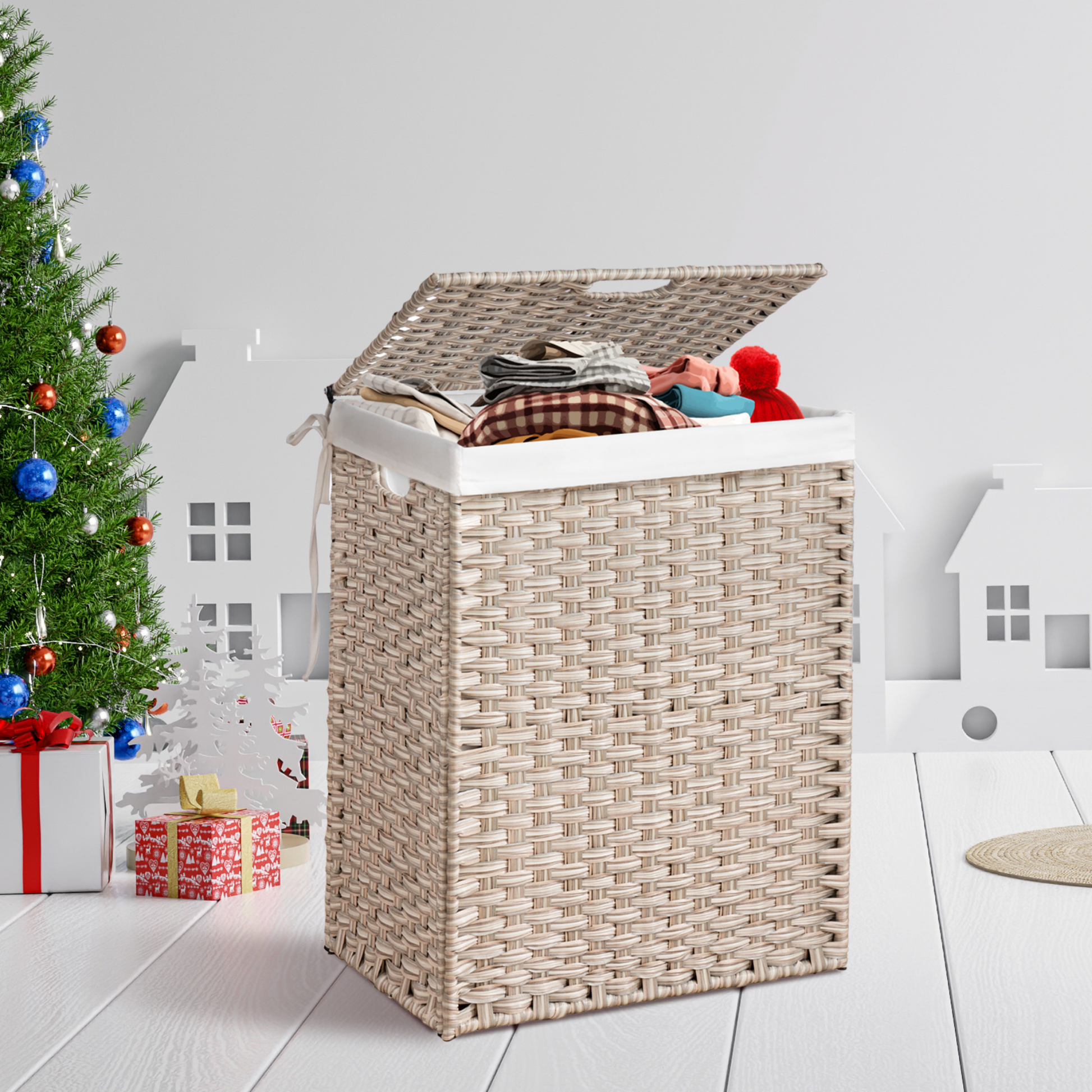 Woven laundry hamper in natural beige with a lined interior and lid ideal for storage
