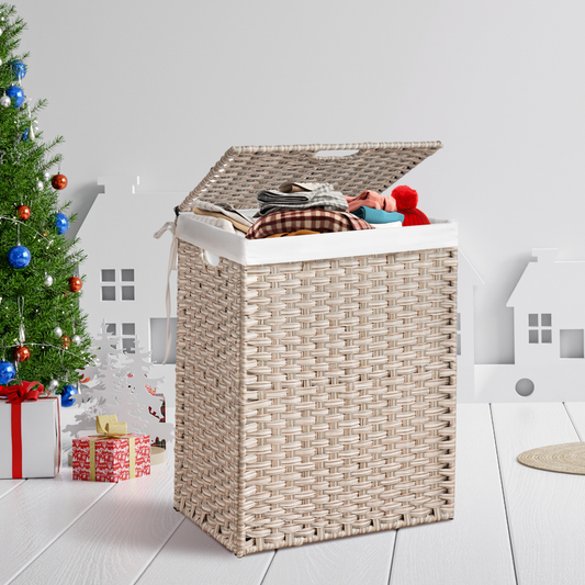 Woven laundry hamper in natural beige with a lined interior and lid ideal for storage