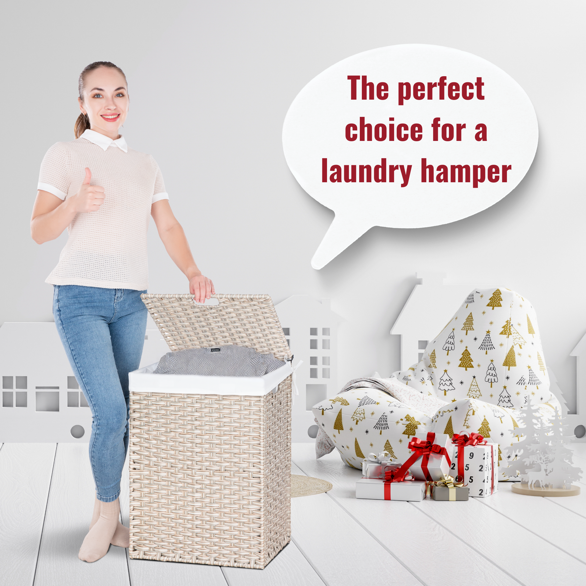 Woven laundry hamper with a white lining and lid perfect for household storage