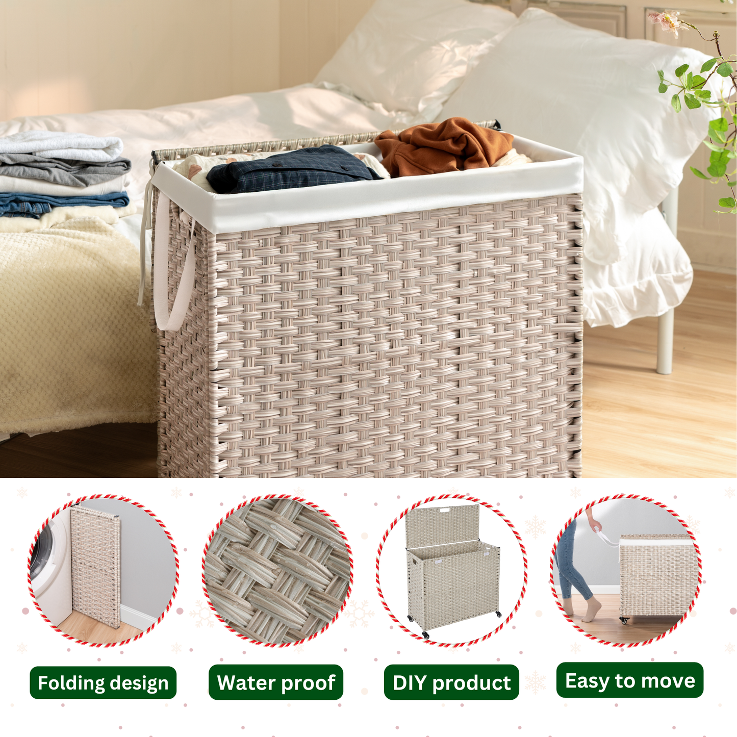 Tan woven laundry hamper with white fabric liner filled with clothes on a bed