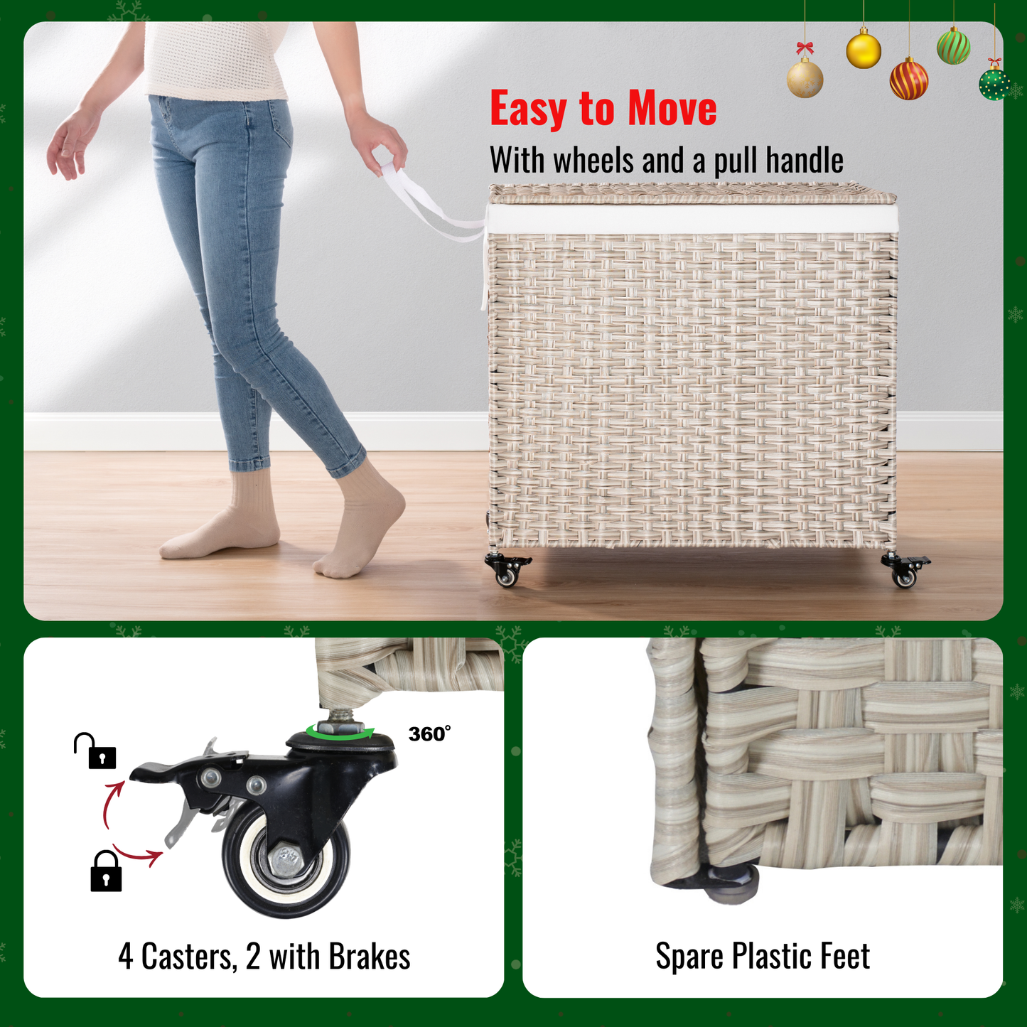 Woven laundry hamper with wheels and pull handle ideal for easy transport