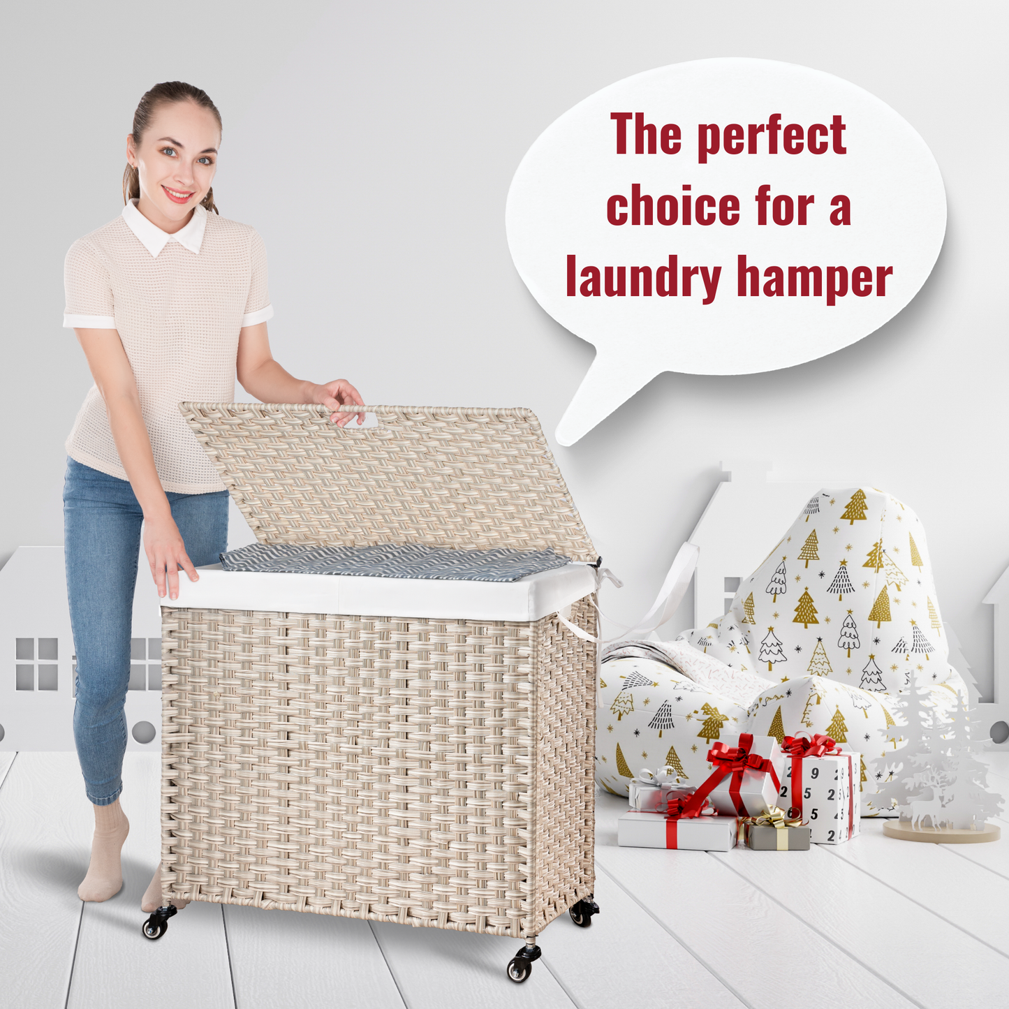 Woven beige laundry hamper with a striped interior and wheels perfect for stylish storage