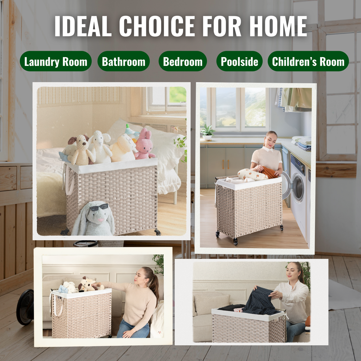 Woven laundry basket with wheels holding stuffed animals on a bed