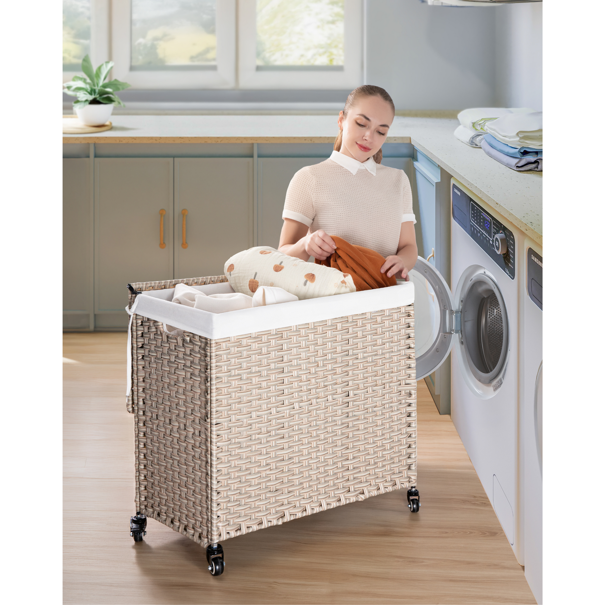 Woven laundry hamper with wheels and liner storing clean clothes