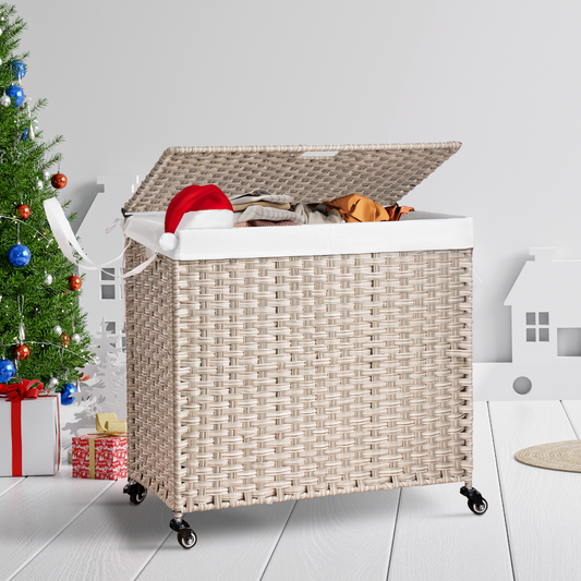Wicker laundry hamper with lid and wheels filled with clothes