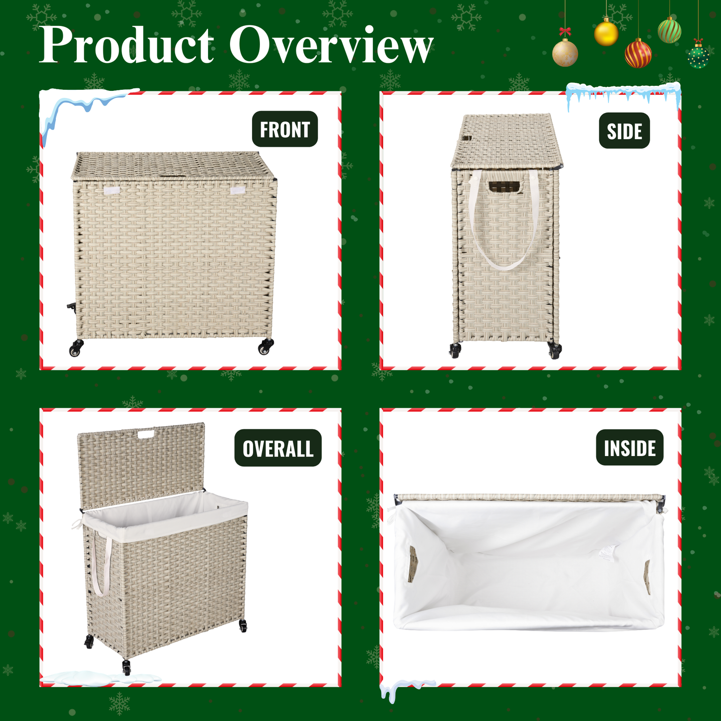 Wicker laundry basket with lid and wheels beige for home organization