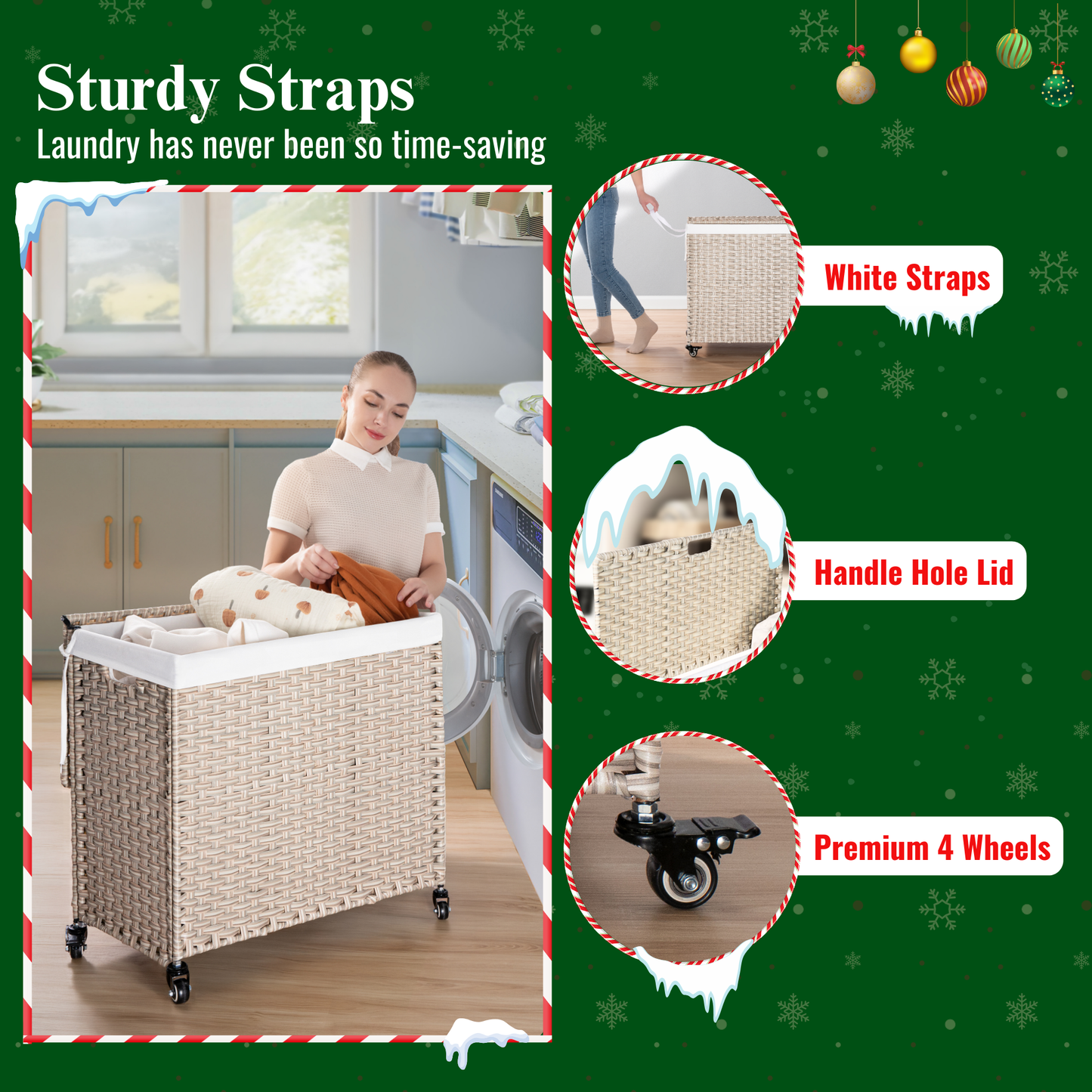 Woven laundry hamper with white straps and a removable liner featuring sturdy construction for organizing clothes